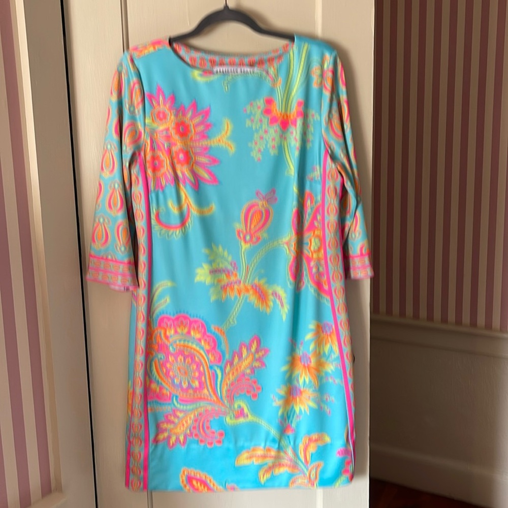 Gretchen Scott Sz L,Vibrant Floral Dress -Aqua and Pink- EUC